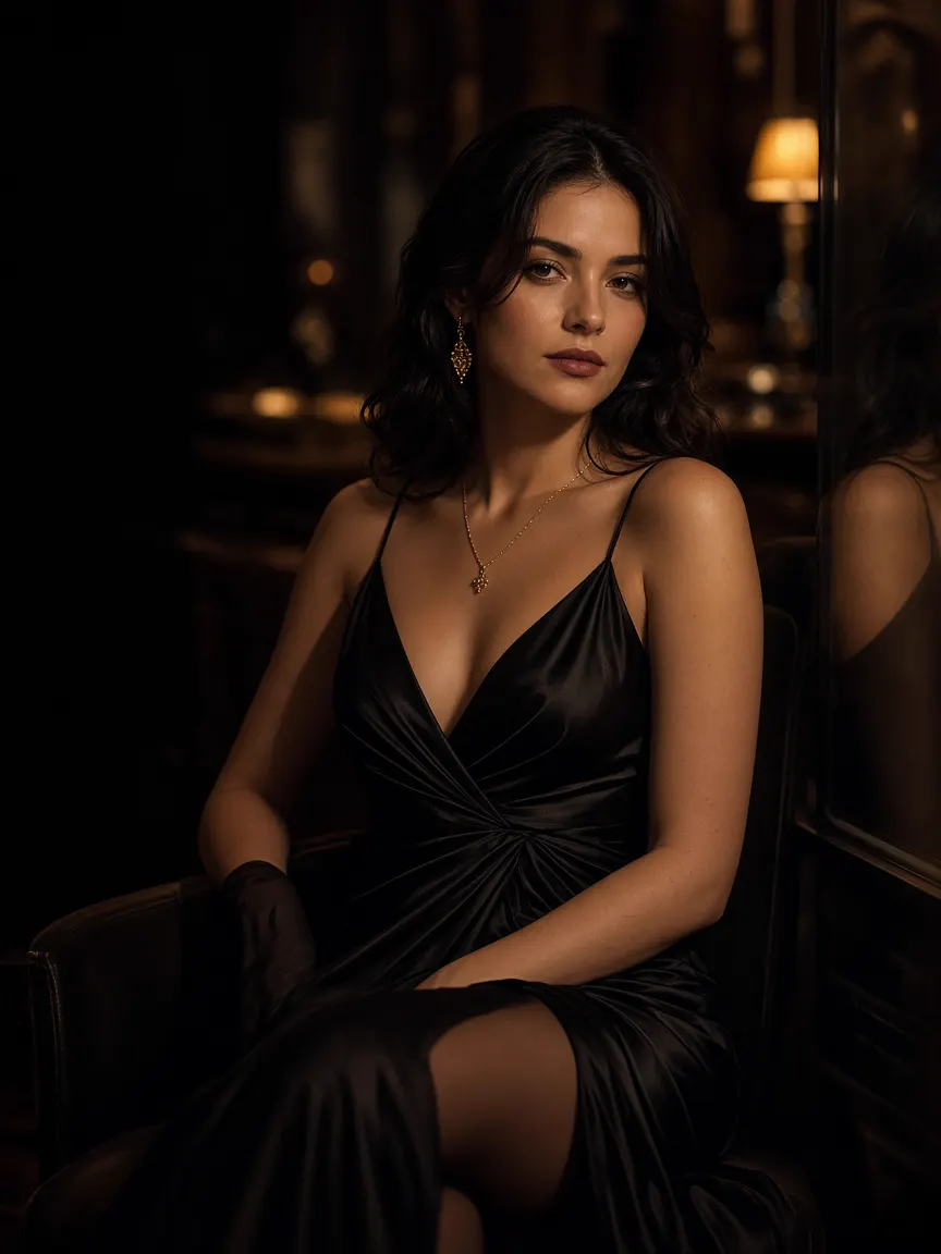 A fictional operative in a black evening dress sits in a warmly lit lounge.