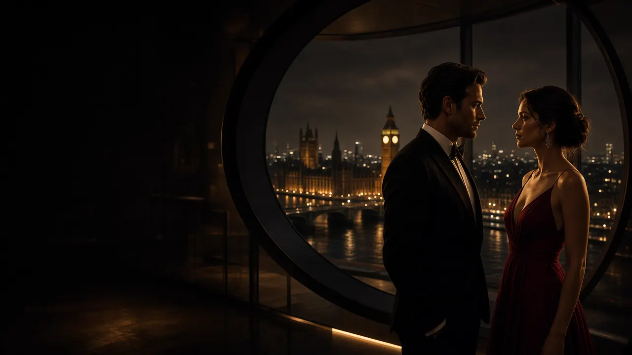 Two fictional operatives in evening attire stand in profile before a circular window overlooking a city at night.