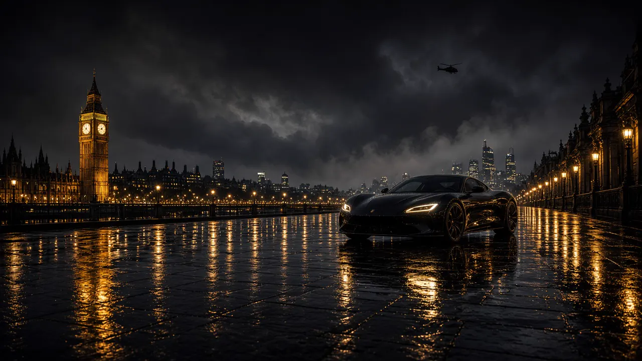 A black luxury car on wet pavement at night, with a clock tower, city lights, and a helicopter in the distance.