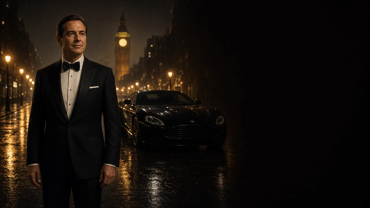 A fictional agent in a black tuxedo stands on a rain-soaked London street at night, beside a luxury car and a distant clock tower.