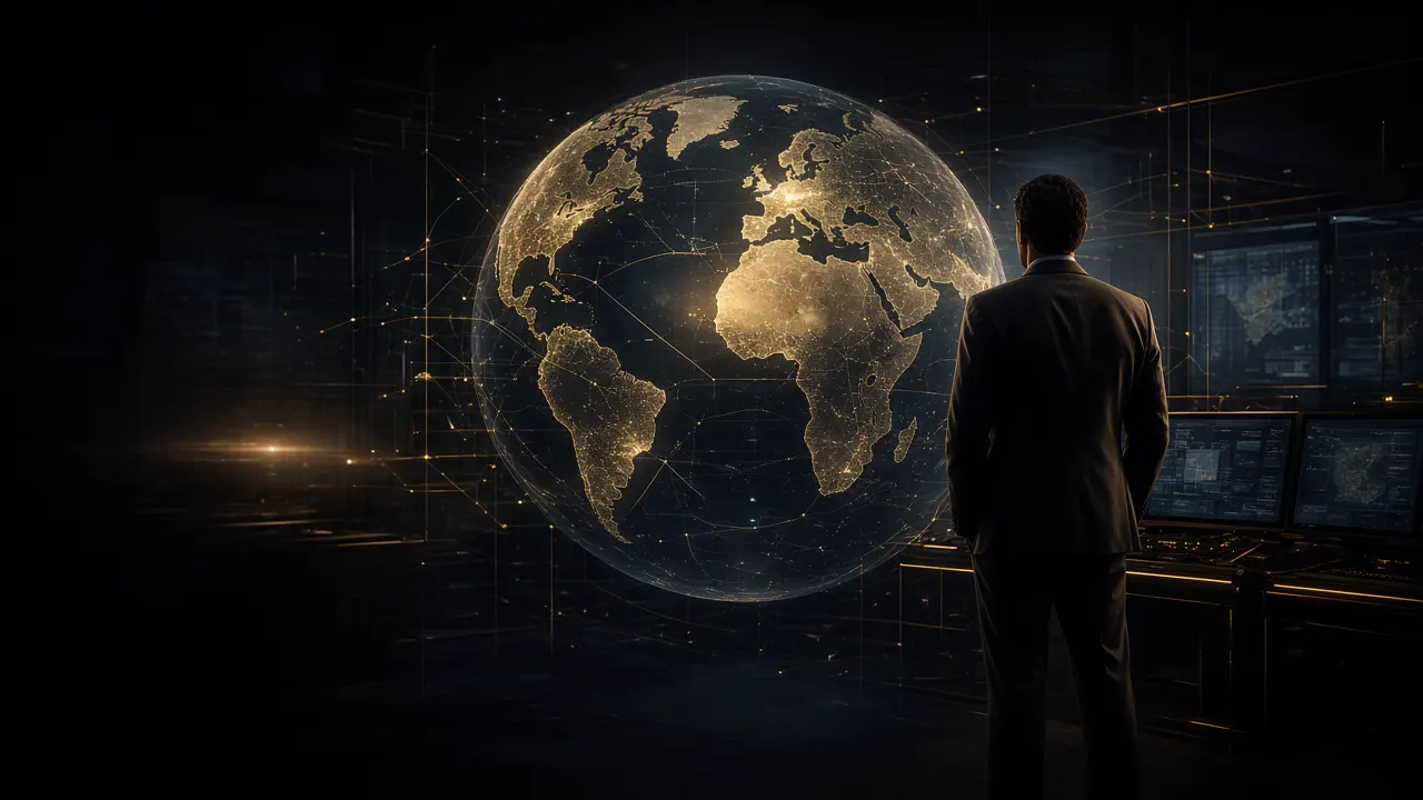 A fictional agent, seen from behind, watches a glowing globe inside a dark intelligence room.